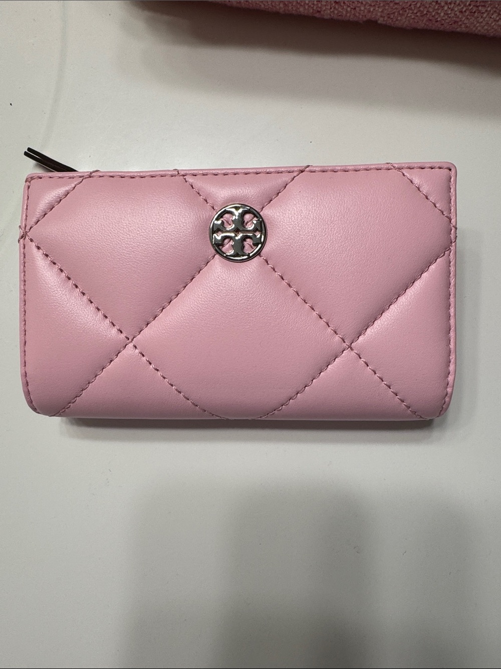 Tory Burch Pink Quilted Leather Wallet with Logo Accent